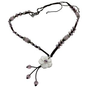Cookie Lee Pink Crystal Braided Necklace Plumeria Shell Pendant Adjustable Boho